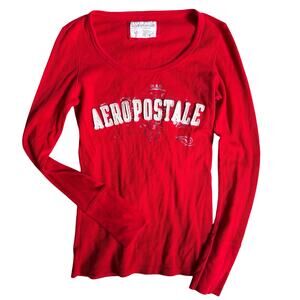 Aeropostale Y2K Red Thermal Long Sleeve Top Women’s Large Scoop Neck Logo